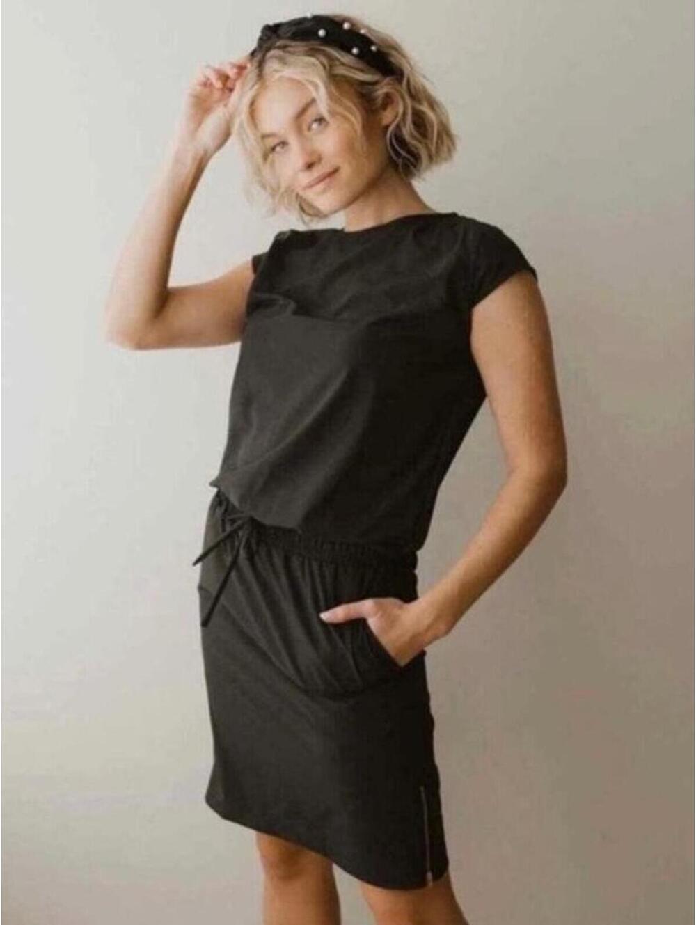 Albion Black Athleisure Dress XL Tall Zip Pocket Midi Tie Waist